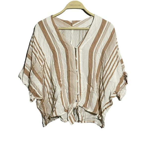 Sim Sam Blouse Women Size L Vneck Stripe Beige Button Hippie Relax Loose Comfy - Picture 1 of 10